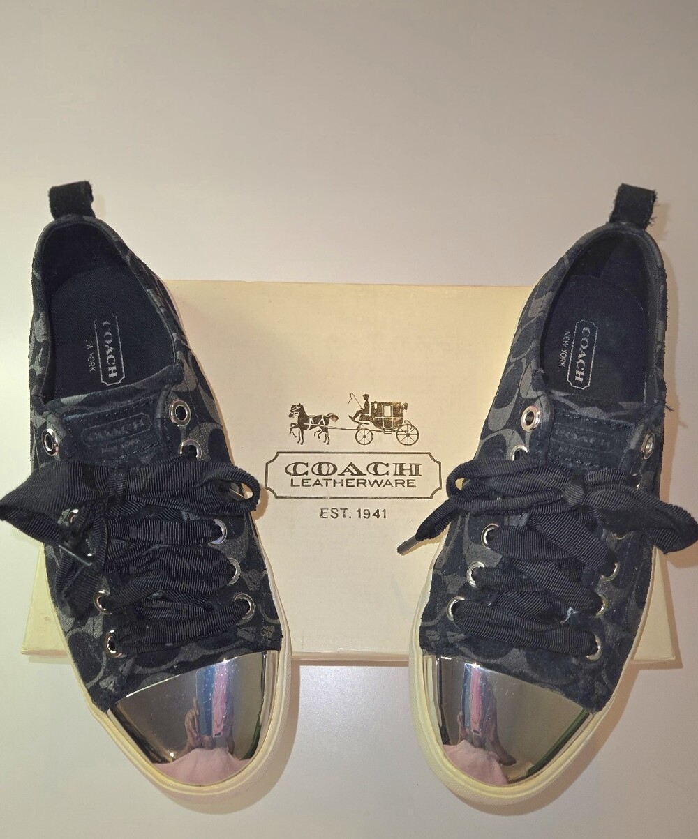 Coach Women's Black Logo Sneakers with Metallic Silver Toe Cap